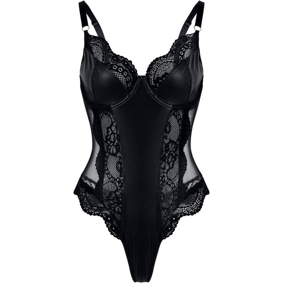 Sexy Leather Lace Underwire Push Up Corset Lingerie Women Teddy Bodysuit Top - Picture 3 of 5